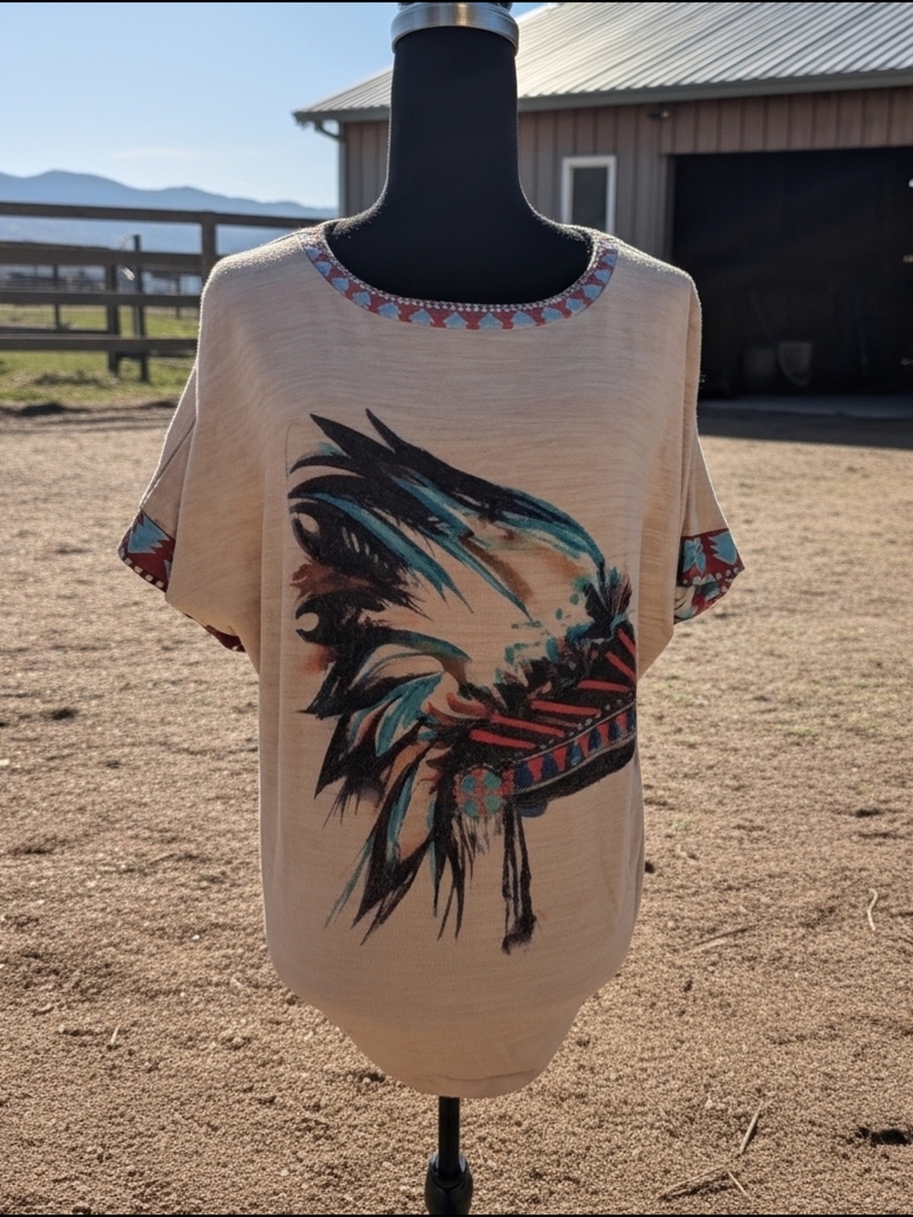 MISSLOOK Beige Top with Teal and Rust Pattern Trim Sz Sm (A32)